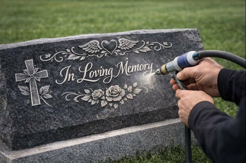 Memorial stone being engraved and cleaned