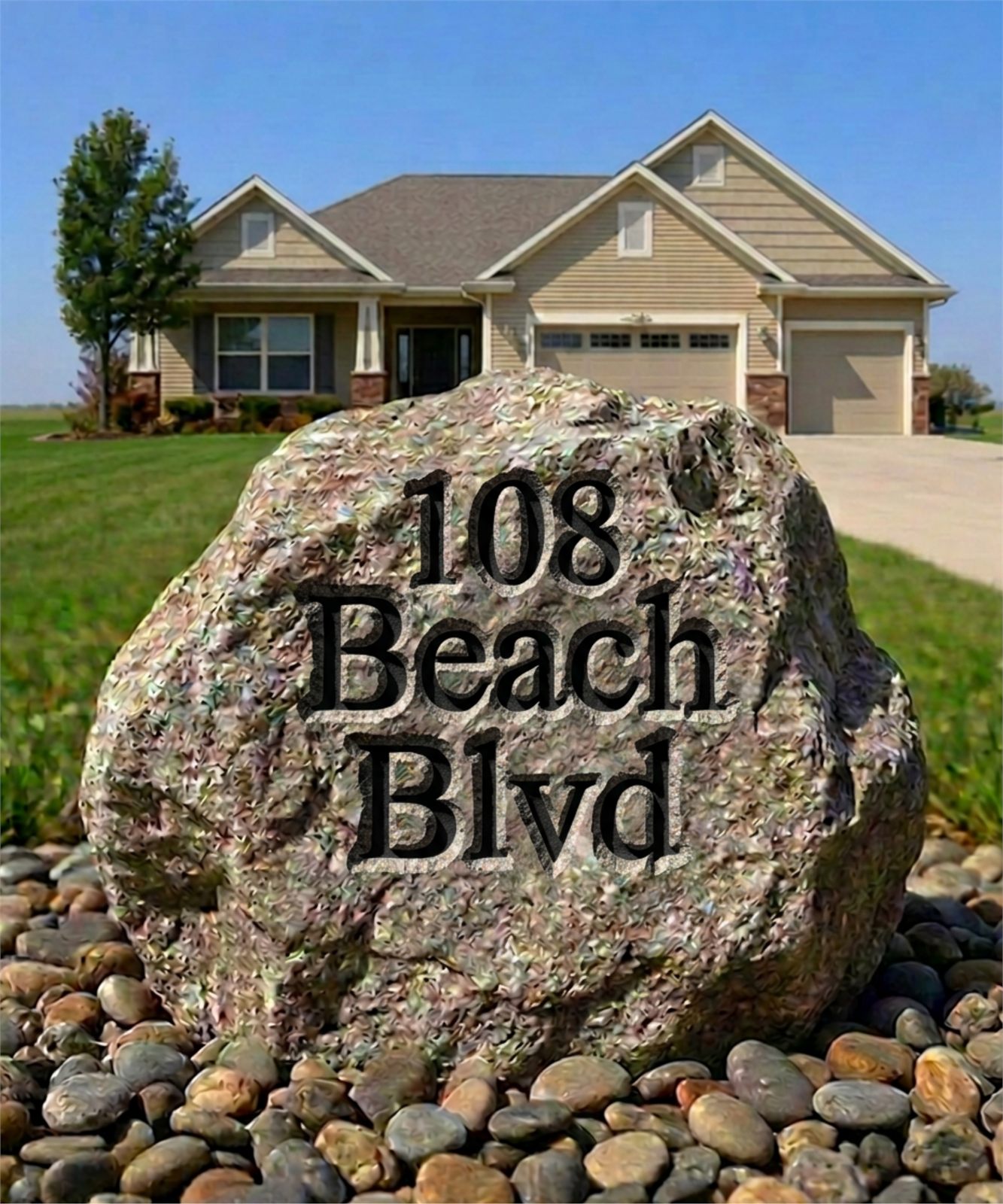 Engraved address stone in front of a home