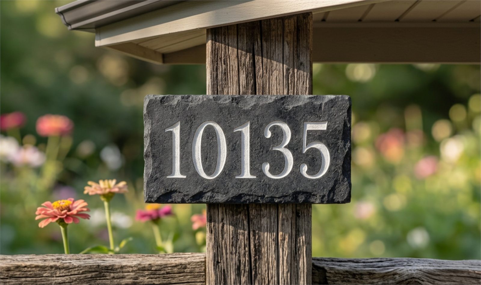 Stone address number plaque mounted on a post