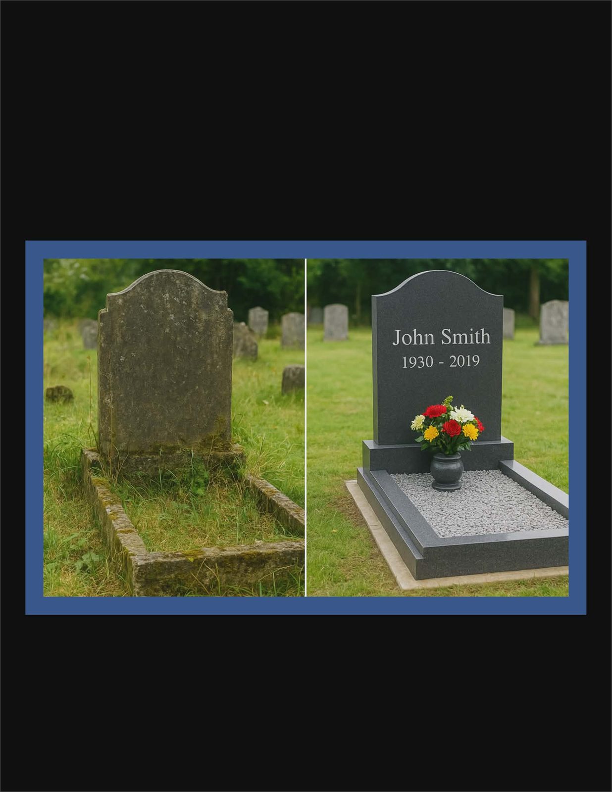Before and after headstone restoration example