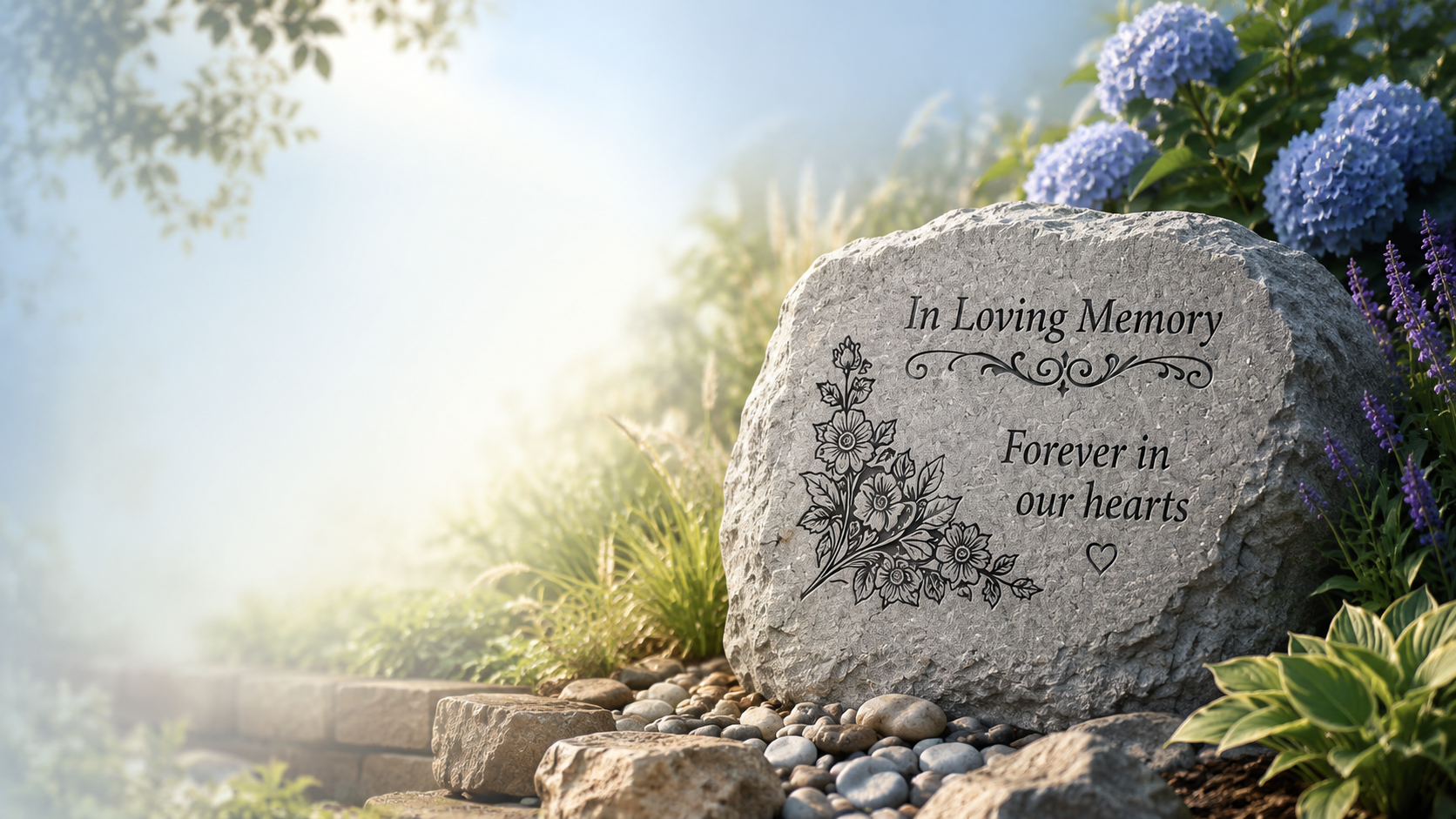 Engraved memorial stone displayed outdoors with flowers